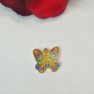 Vintage Aviva Butterfly Cloisonne Pendant or Charm Necklace Gold Blue Green